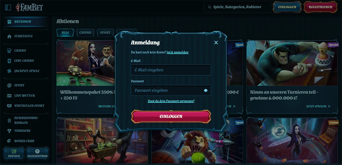 German-language FamBet casino login popup with email and password fields, a red “Einloggen” button, password recovery link, and registration prompt displayed over a dark-themed promotions page with casino and sports banners.