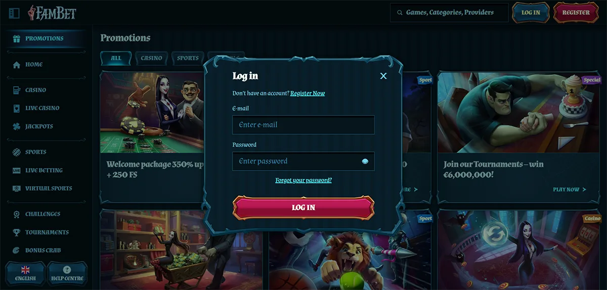 FamBet casino login popup in English with email and password fields, a red “Log in” button, password recovery link, and registration prompt displayed over a dark-themed promotions page with casino and sports banners.