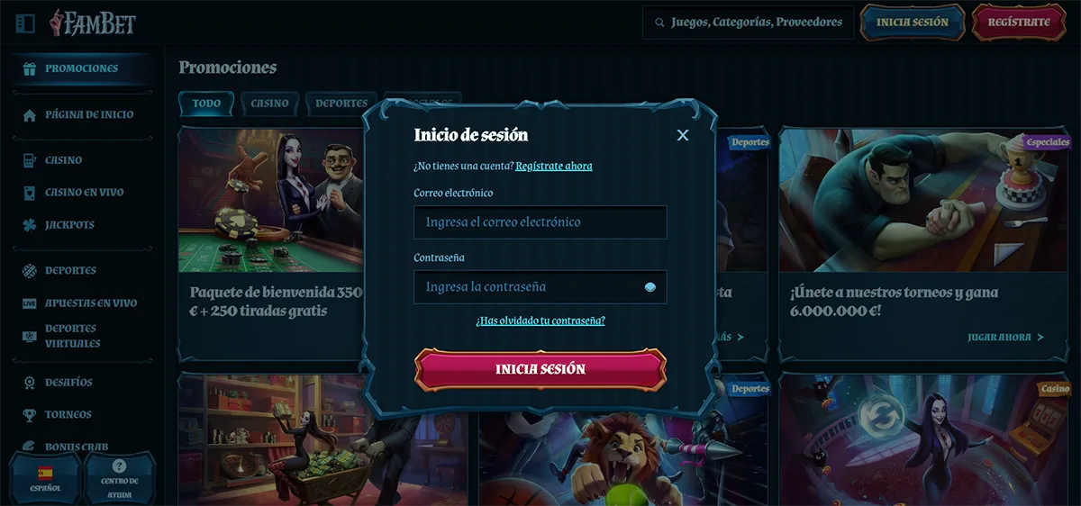 Spanish-language FamBet casino login popup with email and password fields, a red “Inicia sesión” button, password recovery link, and registration prompt displayed over a dark-themed promotions page with casino and sports banners.