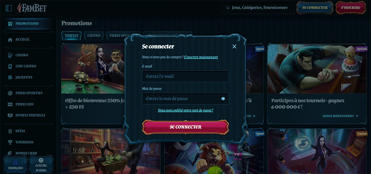 French-language FamBet casino login popup with email and password fields, a red “Se connecter” button, password recovery link, and registration prompt shown over a dark-themed promotions page with casino and sports banners.