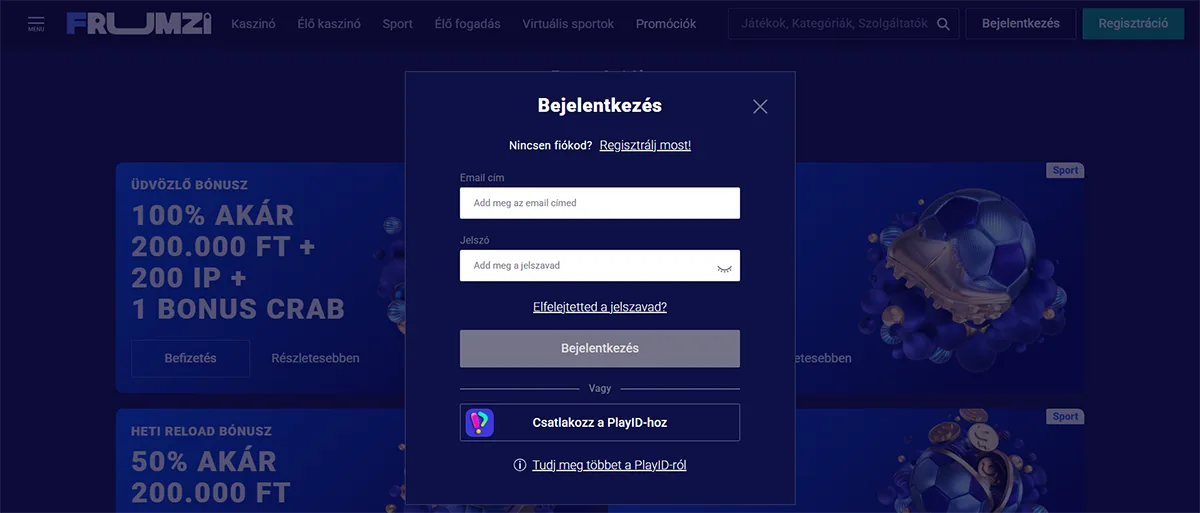 Hungarian-language Frumzi casino login popup with email and password fields, a “Bejelentkezés” sign-in button, password recovery link, and PlayID login option displayed over a blue-themed casino homepage with bonus banners.