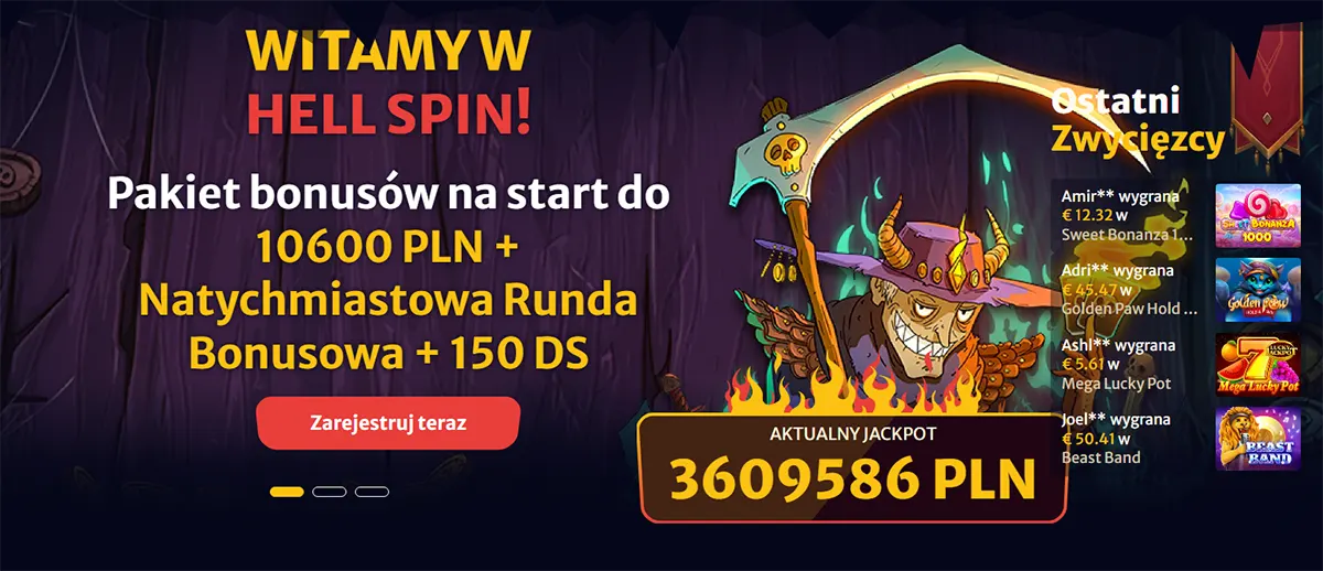 Polish “Hell Spin” casino welcome banner advertising a start bonus package up to 10,600 PLN plus a bonus round and 150 free spins, with a “Zarejestruj teraz” button, a cartoon grim reaper character, a live jackpot counter (3,609,586 PLN), and a sidebar showing recent winners.