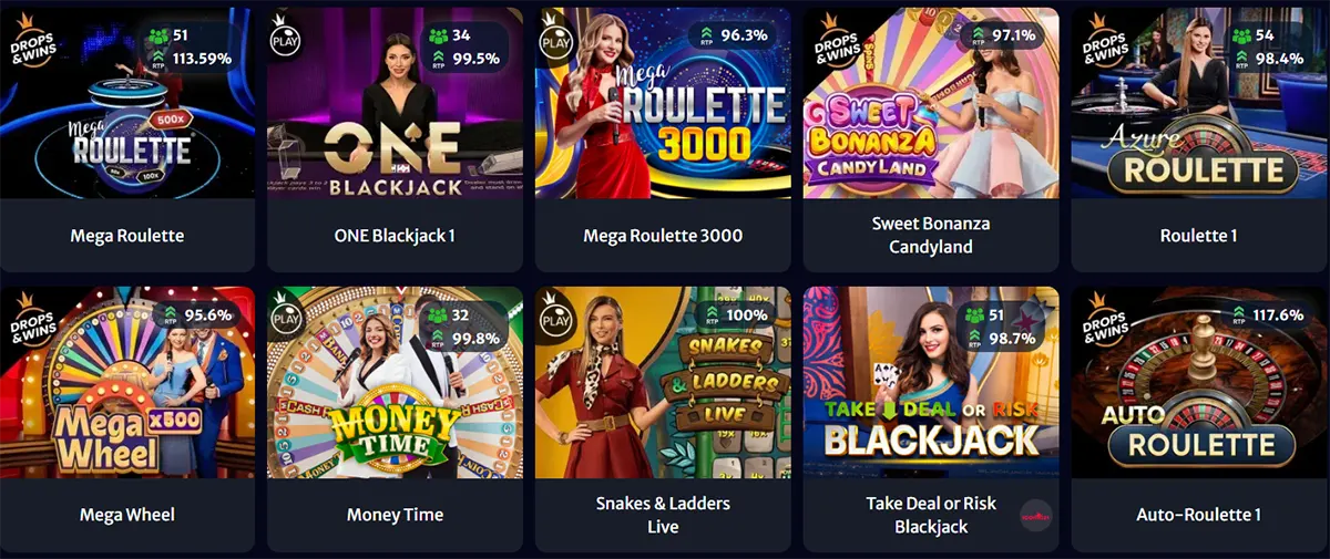 Live casino lobby grid showing game tiles for Mega Roulette, ONE Blackjack, Mega Roulette 3000, Sweet Bonanza Candyland, Roulette, Mega Wheel, Money Time, Snakes & Ladders Live, Take Deal or Risk Blackjack, and Auto-Roulette, with RTP percentages and player counts displayed on each card.