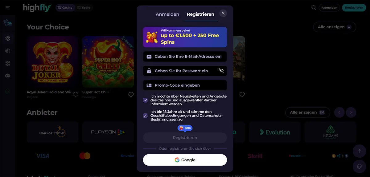 High Fly Bet Casino DE – 5500+ Spiele und Bonus bis €2500