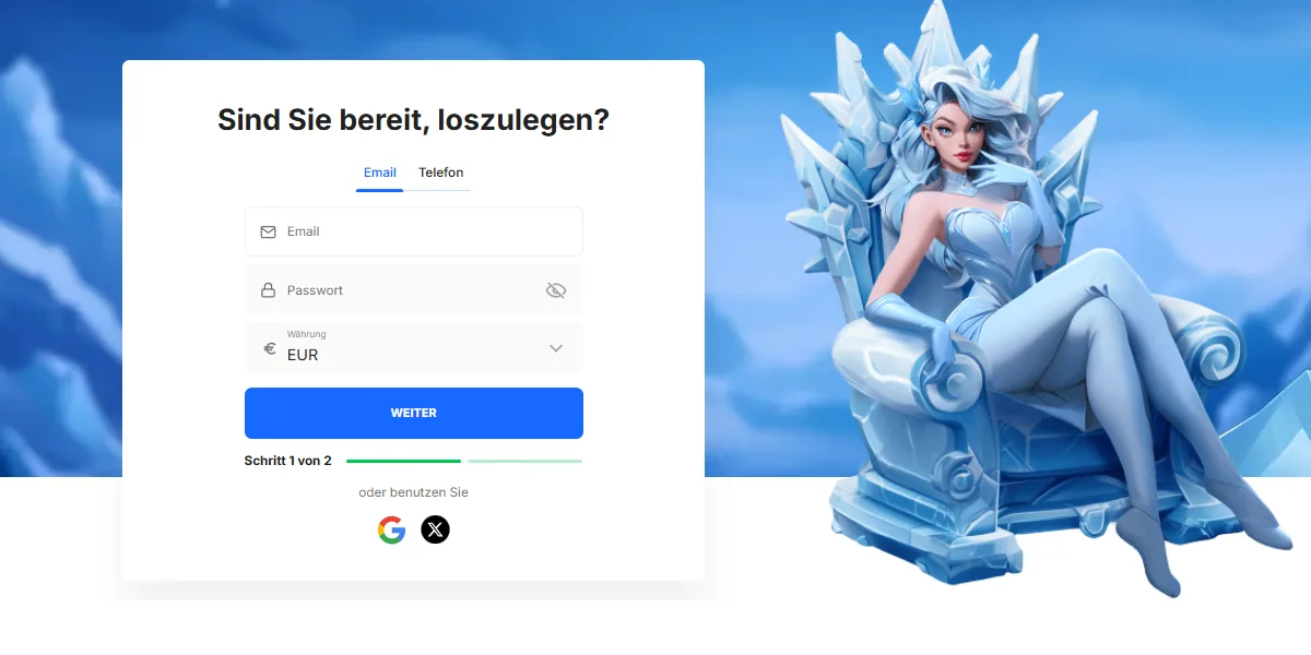 German-language casino registration screen with email and password fields, currency selection, and a blue “Weiter” continue button, shown beside an illustrated ice-queen character seated on a crystal throne against a blue sky background.