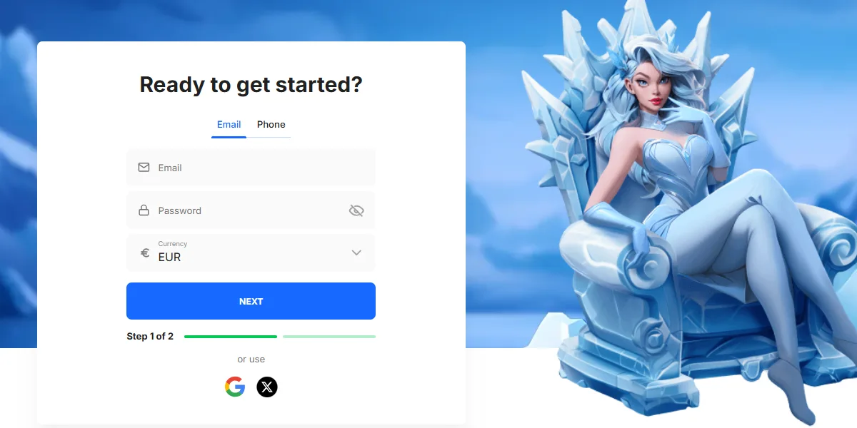 English-language casino registration screen with email and password fields, currency selection, and a blue “Next” button, shown beside an illustrated ice-queen character sitting on a crystal throne against a blue sky background.