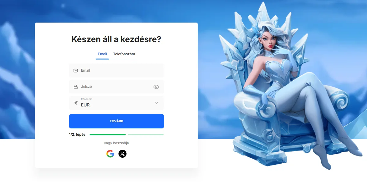 Hungarian-language casino registration screen with an email and password form, currency selection, and a “Tovább” continue button, alongside an illustrated ice-queen character seated on a crystal throne against a blue background.