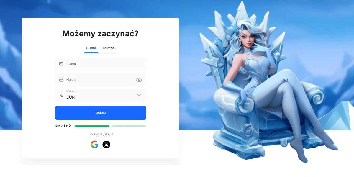 Polish-language casino registration screen with email and password fields, currency selection, and a blue “Dalej” continue button, displayed next to an illustrated ice-queen character seated on a crystal throne against a blue sky background.