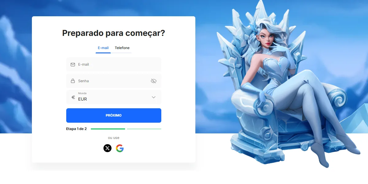 Portuguese-language casino registration screen with email and password fields, currency selection, and a blue “Próximo” continue button, shown beside an illustrated ice-queen character seated on a crystal throne against a blue sky background.