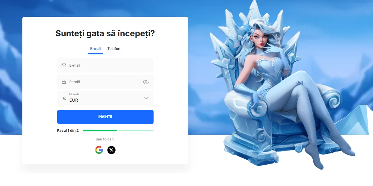 Romanian-language casino registration screen with email and password fields, currency selection, and a blue “Înainte” continue button, displayed next to an illustrated ice-queen character sitting on a crystal throne against a blue sky background.