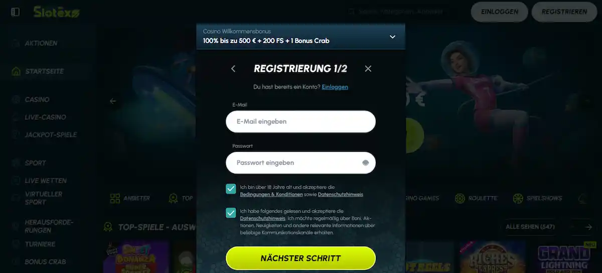Registrierung bei Slotexo Casino