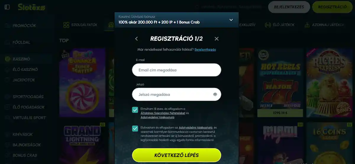 Új Slotexo Casino fiók létrehozása