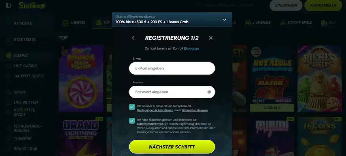 Erstellen Sie Ihr Slotexo Casino Spielerkonto und erhalten Sie Willkommensboni