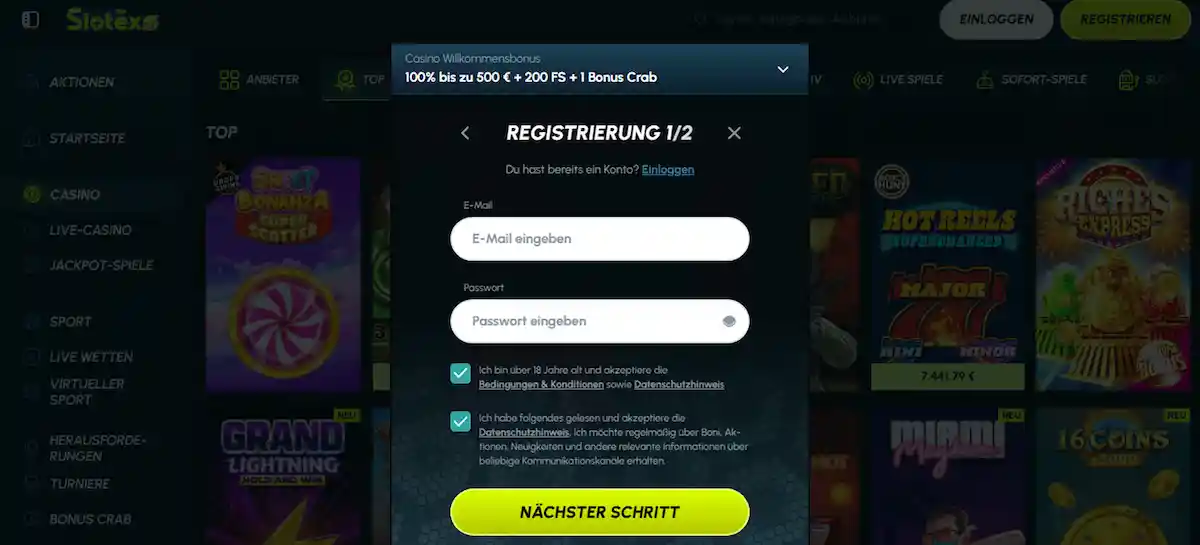 Registrieren Sie sich jetzt bei Slotexo Casino und profitieren Sie von großzügigen Willkommensboni für Neukunden