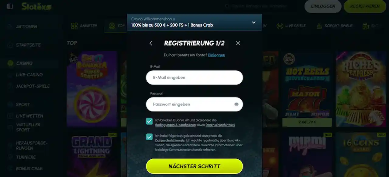 Starten Sie Ihr Spielerlebnis bei Slotexo Casino mit schneller Registrierung und attraktiven Startprämien für neue Mitglieder