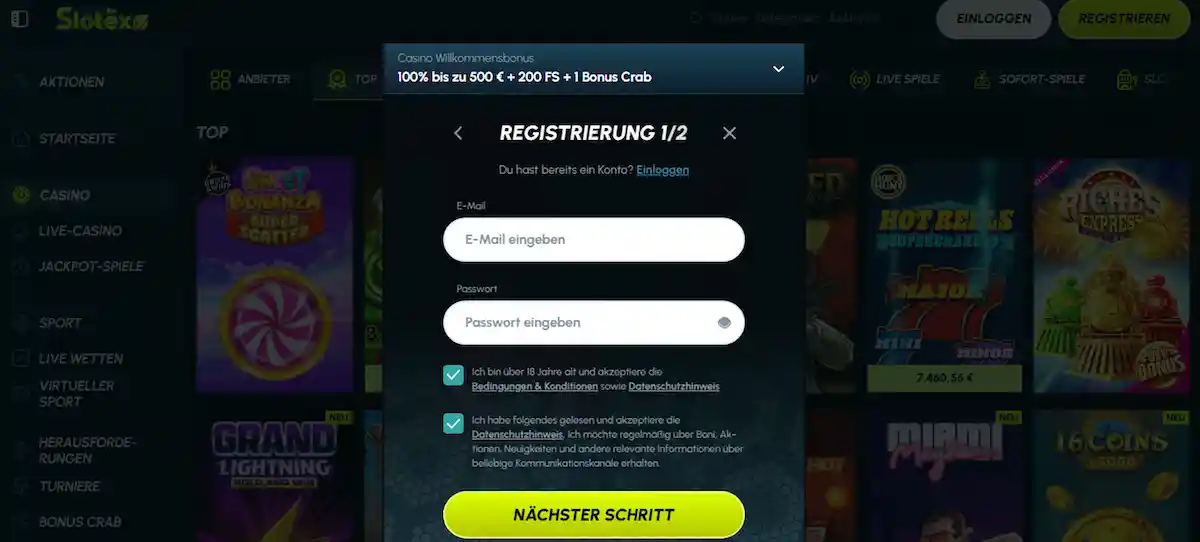 Registrierung bei Slotexo Casino
