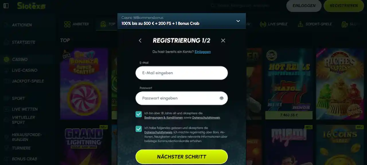 Slotexo Casino Neuanmeldung - Erstellen Sie Ihr Spielerkonto in wenigen Minuten