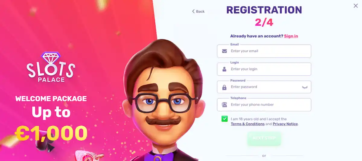 Register and create your Slots Palace Casino account