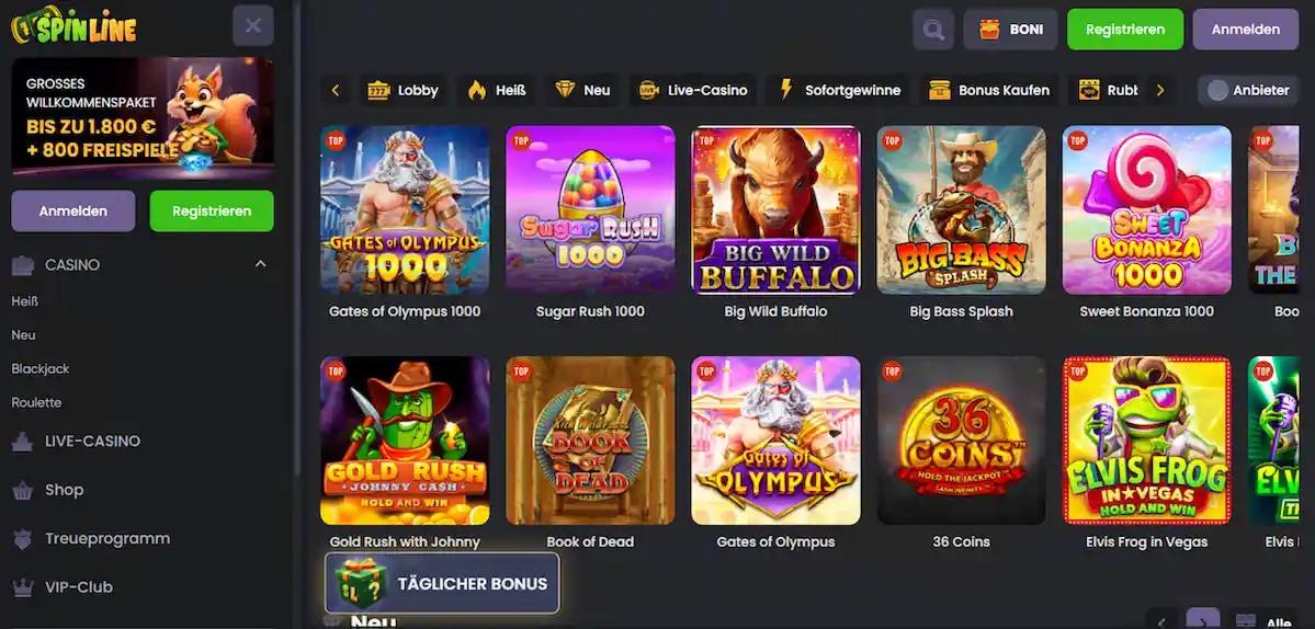 Spinline Casino - Genießen Sie erstklassiges Online-Glücksspiel mit einer riesigen Auswahl an Spielautomaten, aufregenden Live-Casino-Spielen, lukrativen Jackpots und attraktiven Bonusaktionen