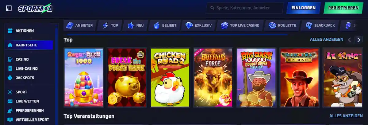 Sportaza Casino - Premium Gaming-Destination mit Slots, Tischspielen und Live-Dealern