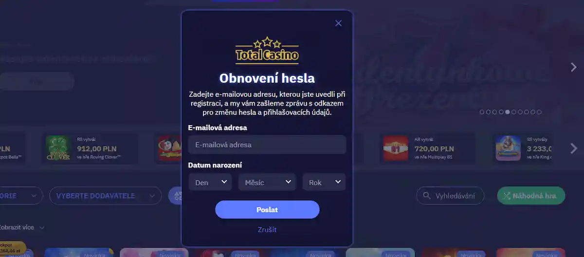 Total Casino obnovení hesla - Rychlé vrácení přístupu potvrzením emailu