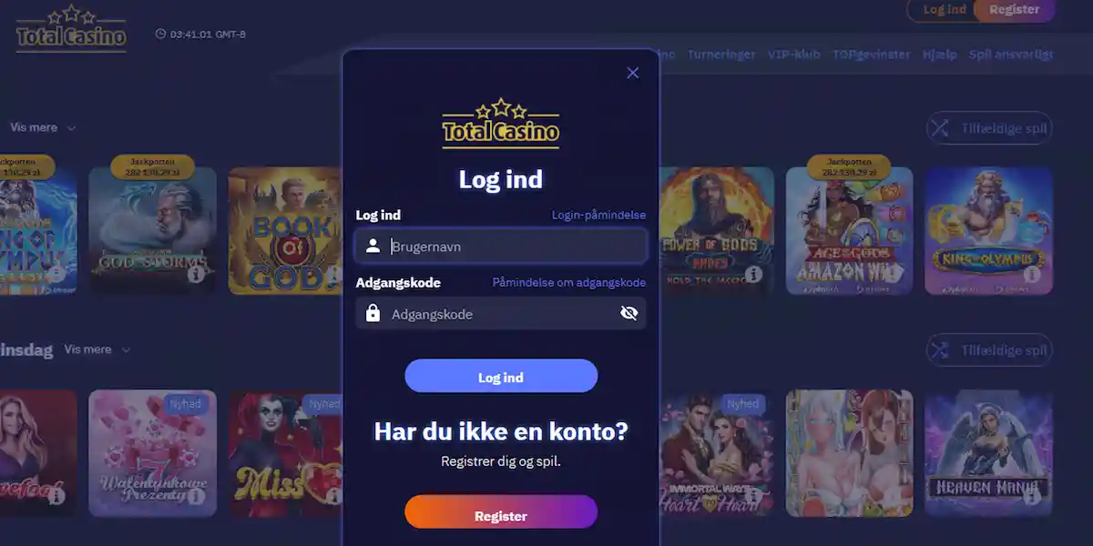 Total Casino login-område for godkendte spillere og registrerede brugere