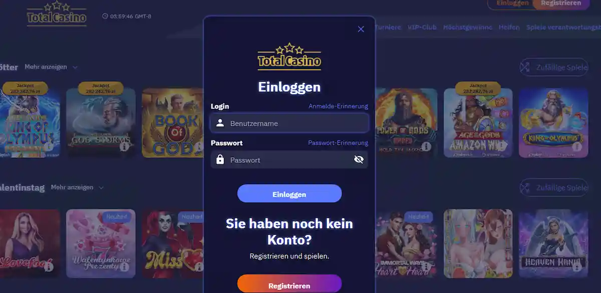 Melden Sie sich sicher bei Ihrem Total Casino Konto an und verwalten Sie Guthaben, laufende Transaktionen, Bonusangebote und Profileinstellungen