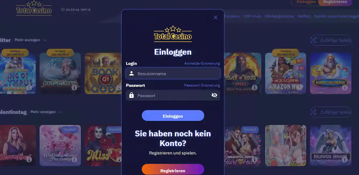 Total Casino Anmeldebereich für bestätigte Spieler und lizenzierte Benutzerkonten