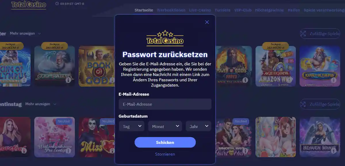 Total Casino verlorene Login-Daten - Sofortige Wiederherstellung per E-Mail-Verifizierung