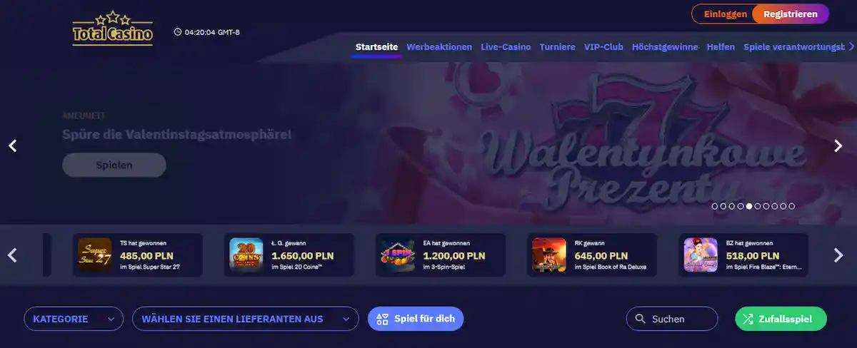 Total Casino - Hochwertige Gaming-Plattform mit Automaten, Tischspielen und Live-Casino