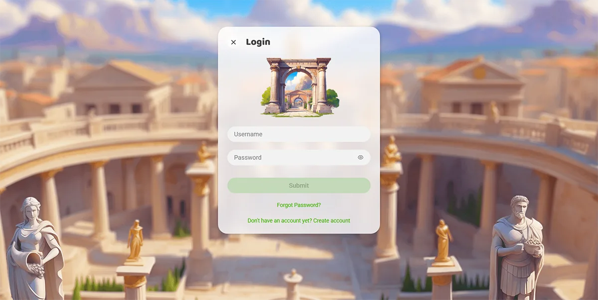 Casino login screen with a centered username and password form, a “Submit” button, and password recovery link, displayed over a stylized ancient Roman courtyard with columns, statues, and classical architecture.