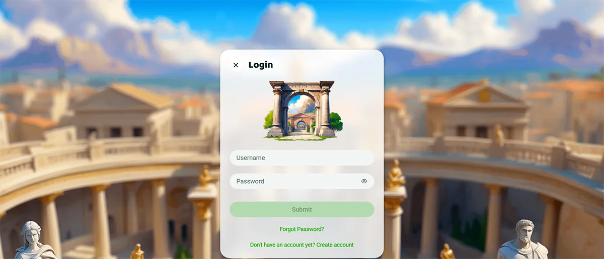 Casino login popup with username and password fields, a green “Submit” button, and password recovery and account creation links, displayed over a bright ancient Roman courtyard with columns, statues, and classical buildings in the background.