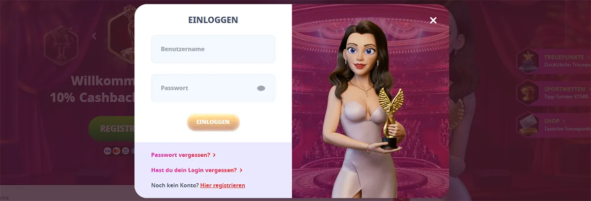 German-language casino login popup with username and password fields, an “Einloggen” button, password recovery and registration links, displayed beside a 3D female character holding a golden trophy on a pink casino-themed background.