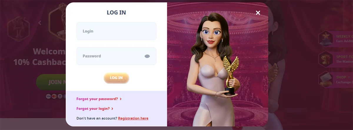 Casino login popup with username and password fields, a glowing “Log in” button, password and login recovery links, and a registration option, shown beside a 3D female character holding a golden trophy on a pink casino-themed background.