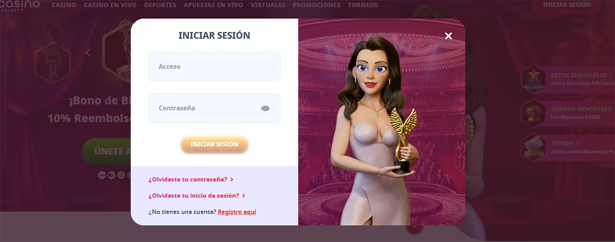 Spanish casino login popup with username and password fields, a glowing “Iniciar sesión” button, links for password and login recovery, and a registration option, displayed next to a 3D female casino mascot holding a golden trophy against a pink theatre-style casino background.