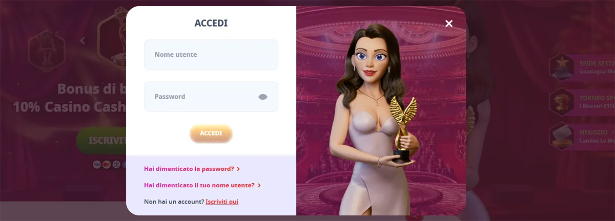 Italian casino login popup with username and password input fields, a glowing “Accedi” button, links for password and username recovery, and a registration option, shown alongside a 3D female casino mascot holding a golden trophy on a pink theatre-style casino background.