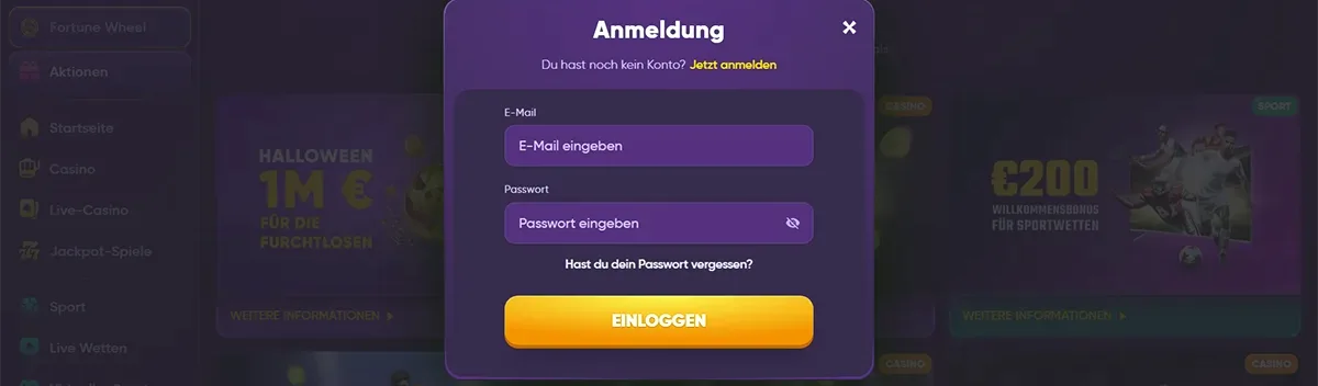 Kingmaker login modal in German with email and password input fields, password recovery link, and a yellow “Log In” button.