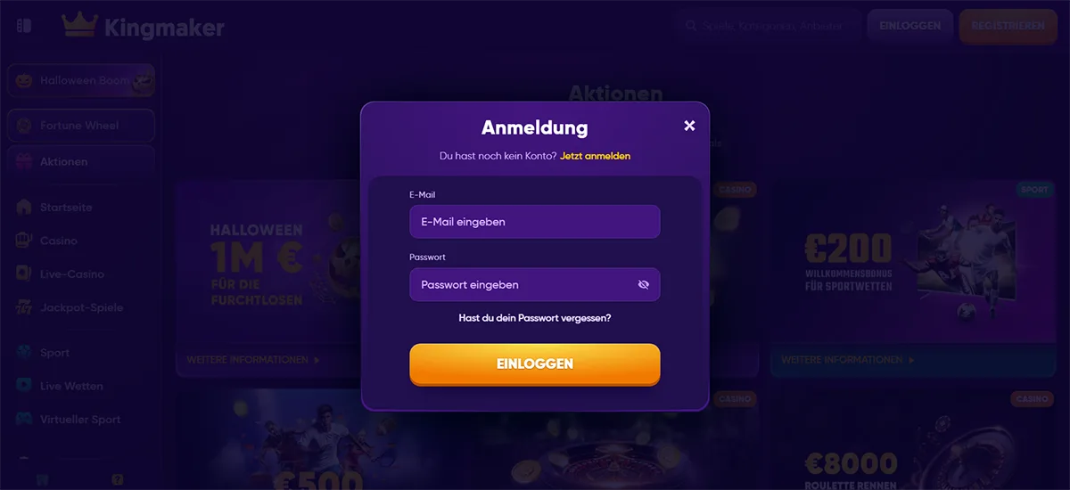 Purple Kingmaker casino login popup in German with email and password input fields, an orange “EINLOGGEN” button, password recovery link, and a dark blurred promotions background.