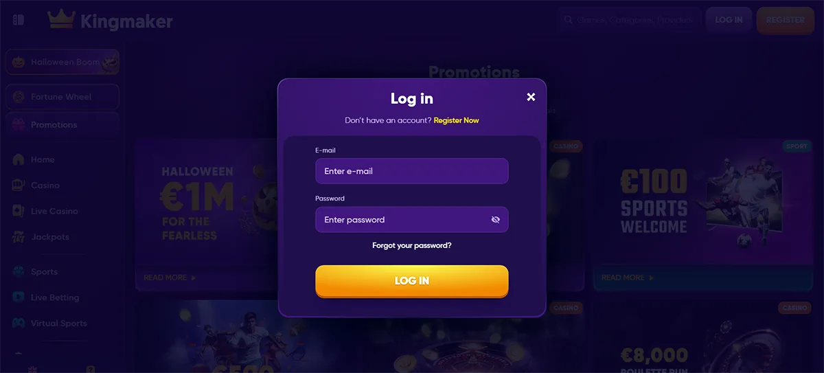 Purple Kingmaker casino login popup with email and password fields, a bright orange “LOG IN” button, password recovery link, and a blurred dark promotions background.