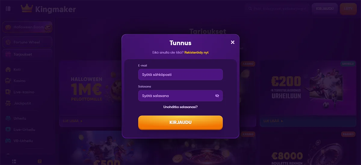 Purple Kingmaker casino login popup in Finnish with email and password input fields, an orange “KIRJAUDU” button, password recovery link, and a dark promotional casino background.