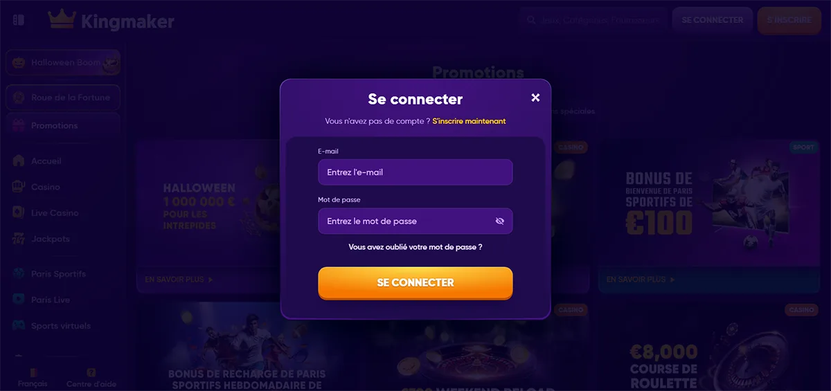 Purple Kingmaker casino login modal in French with email and password fields, a bright orange “SE CONNECTER” button, password recovery link, and a dark blurred promotions background.
