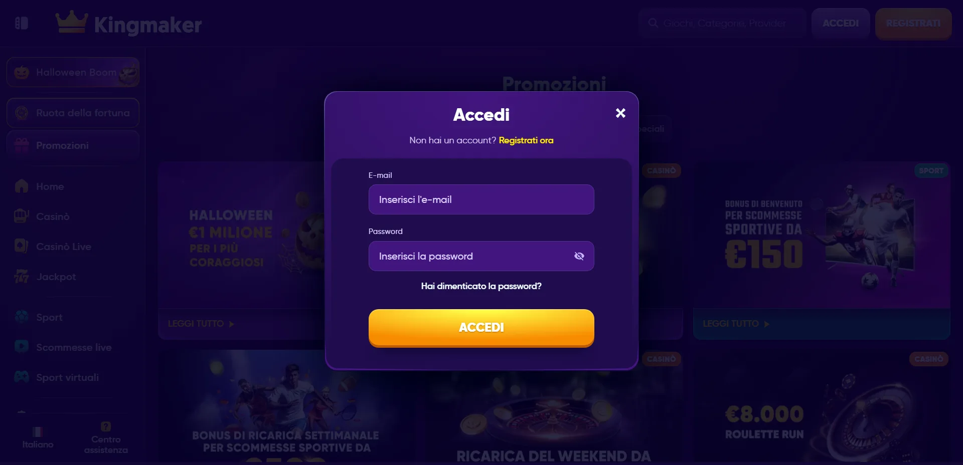 Purple Kingmaker casino login modal in Italian with email and password fields, a bright “ACCEDI” button, password recovery link, and a dark promotional casino background.