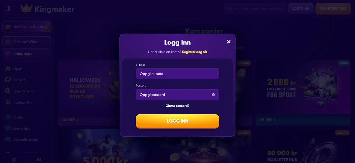 Purple Kingmaker casino login modal in Norwegian with email and password fields, a bright orange “LOGG INN” button, password recovery link, and a dark blurred campaign background.