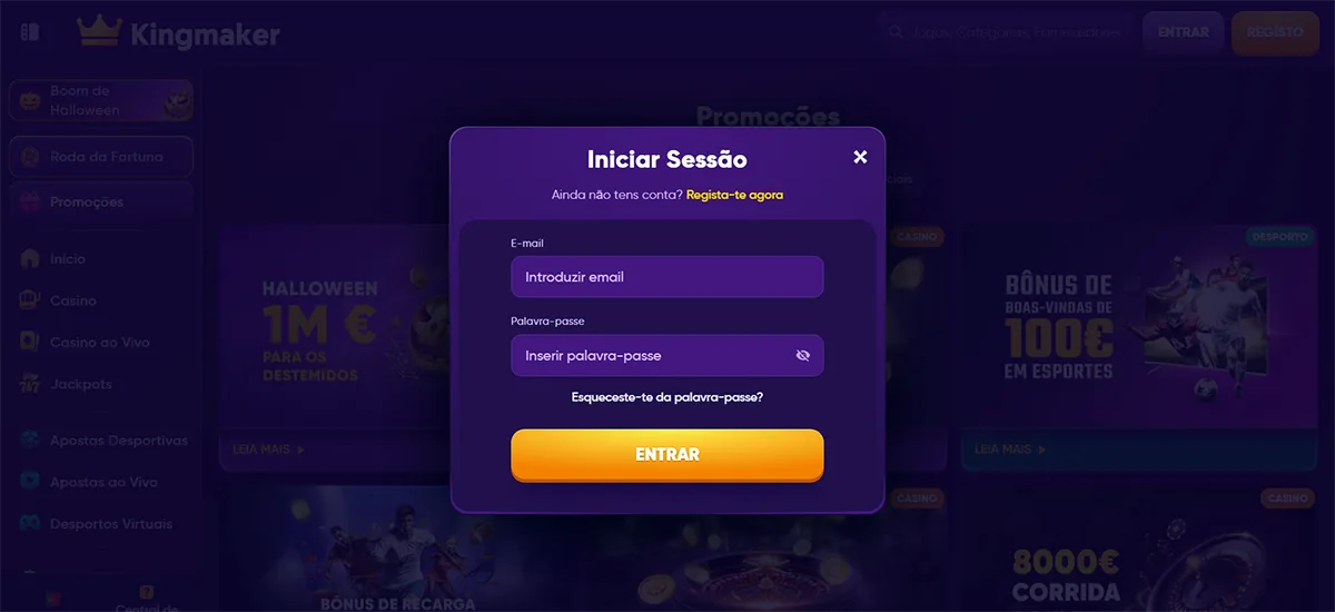 Purple Kingmaker casino login modal in Portuguese with email and password fields, an orange “ENTRAR” button, password recovery link, and a dark blurred promotions background.