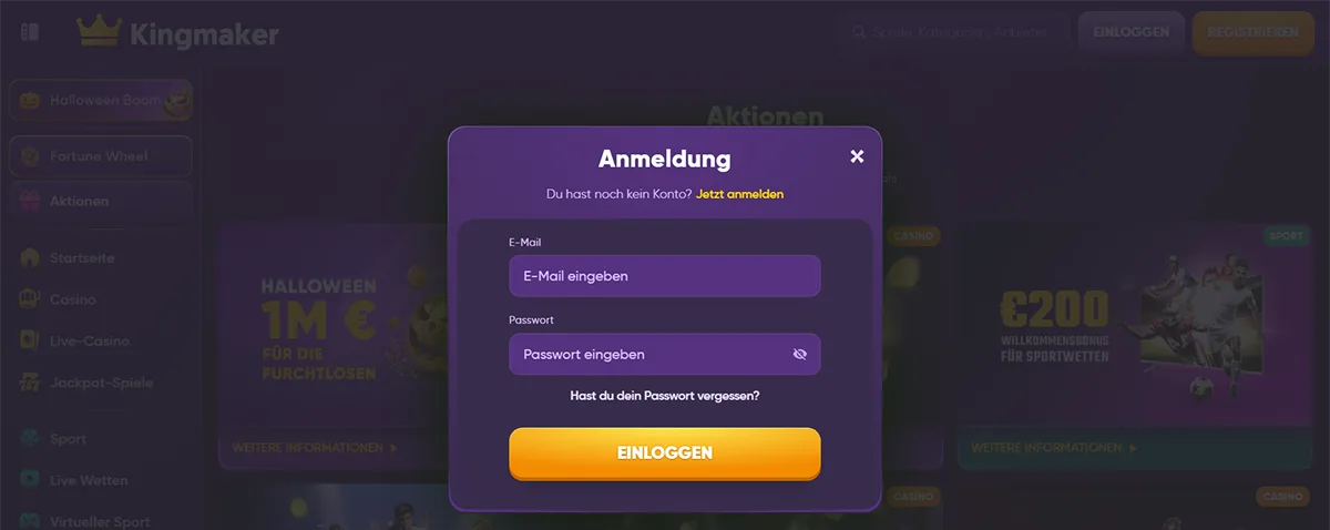 Kingmaker login modal in German with email and password input fields, password recovery link, and a yellow “Log In” button.