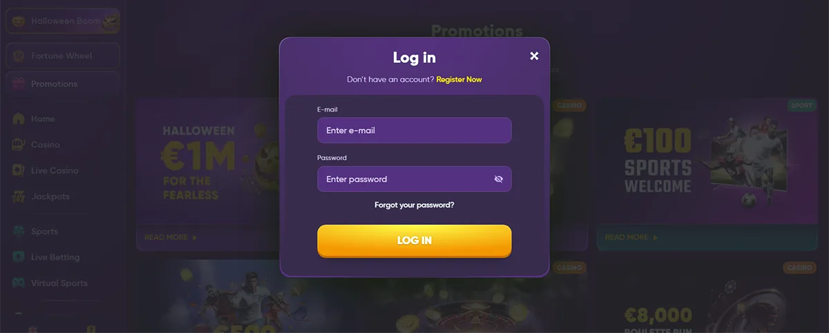 Kingmaker login modal in English with email and password input fields, a password recovery link, and a yellow “Log In” button.