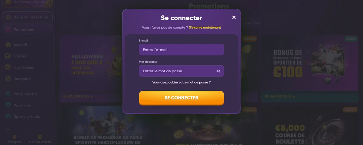 Kingmaker login modal in French with email and password input fields, password recovery link, and an orange “Log In” button.