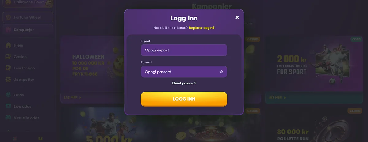 Kingmaker login modal in Norwegian with email and password input fields, a password recovery link, and a yellow “Log In” button.