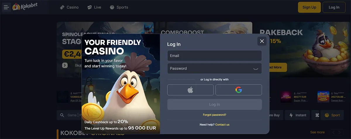 Kokobet login interface