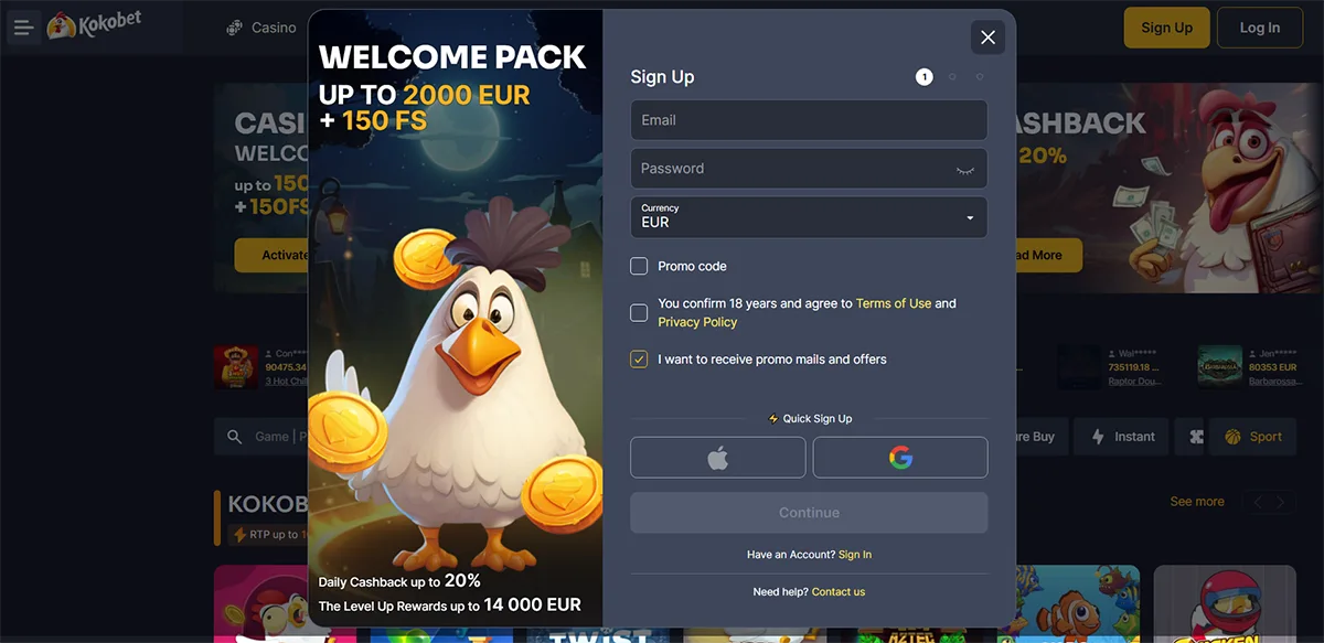 Kokobet sign-up modal showing a welcome pack offer up to €2,000 plus 150 free spins, with email, password, currency selection, consent checkboxes, quick sign-up options, and a cartoon chicken holding coins.